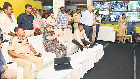 DGP Harish Kumar Gupta and NTR CP SV Rajashekhar Babu overseeing security arrangements at Integrated Dasara Command Control Room