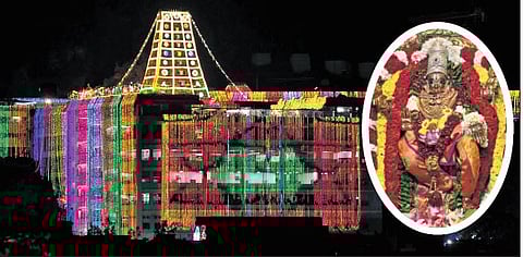 Mallikharjuna Mahamandapam dazzles in colourful lights.