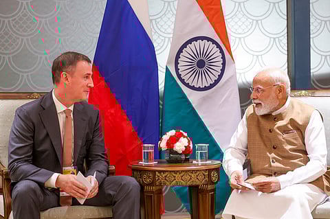 Prime Minister Narendra Modi with Russia Deputy Prime Minister Dmitry Patrushev during a meeting, in New Delhi, Sept. 25, 2025.