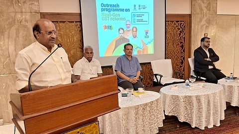 PWD minister K Lakshminarayan attending the "Outreach Program on Next-Gen GST Reforms" for Trade & Industry Associations and GST Professionals in Puducherry on Friday.