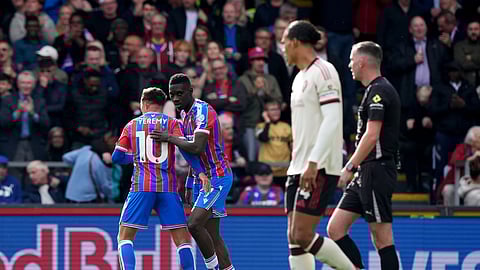 Crystal Palace's Ismaila Sarr celebrates scoring his side's first goal of the game, during the English Premier League soccer match between Crystal Palace and Liverpool, at Selhurst Park, in south London.