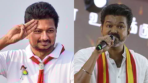 (L-R) Tamil Nadu Deputy Chief Minister Udhayanidhi Stalin and TVK President Vijay.