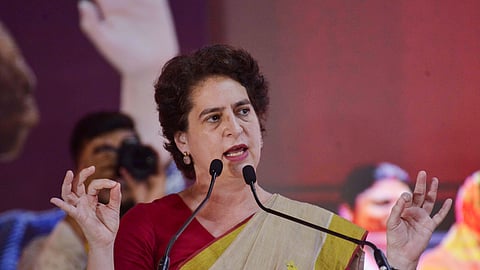 Congress General Secretary Priyanka Gandhi speaks during the Shakti Adhikar program, in Patna on Friday, Sept. 27, 2025.