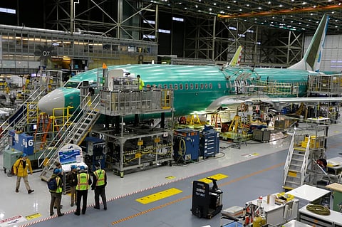 The second Boeing 737 MAX airplane being built is on the assembly line in Renton, Wash., on Monday, Dec. 7, 2015.