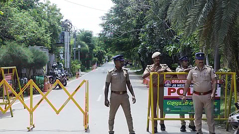 Police security seen outisde TVK president Vijays residence in Palavakkam , ECR.