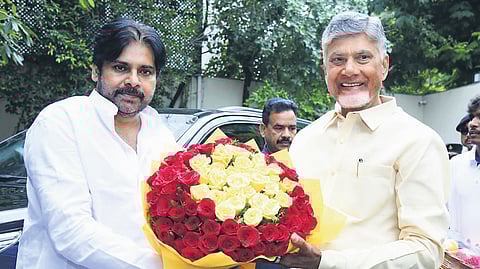 AP Chief Minister Nara Chandrababu Naidu called on Deputy Chief Minister Pawan Kalyan at the latter’s residence in Hyderabad on Sunday