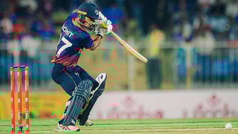 Nepal skipper Rohit Paudel plays a shot.