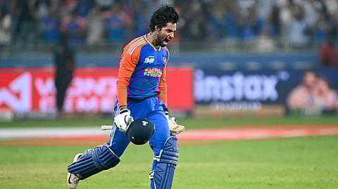 Tilak Verma celebrates after India's five-wicket win over Pakistan on Sunday