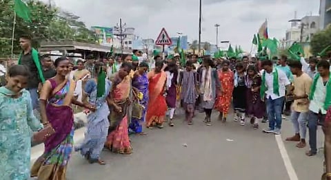 Tribal associations took up massive rally and conducted public meeting in temple town Bhadrachalam demanding to remove Lambadas from the ST list.