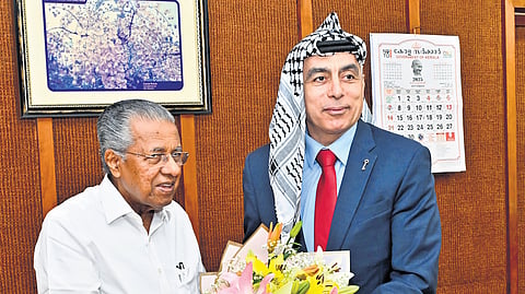 Chief Minister Pinarayi Vijayan meeting Palestinian Ambassador to India, Abdullah Abu Shawesh, at his chamber in the legislative assembly on Monday