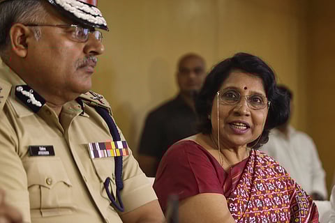 Rani Kumudini, State Election Commissioner, speaks during a press meet at the State Election Commission office in Hyderabad on Monday.