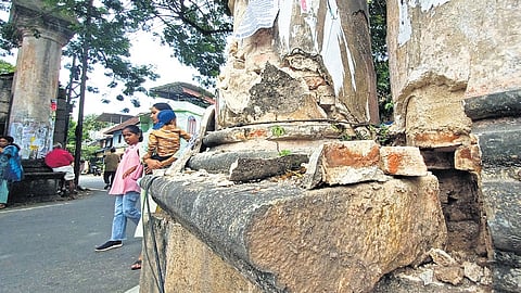 The pillar at Vadakekotta (North Fort) severely damaged after a trailer crashed into it on Saturday morning 