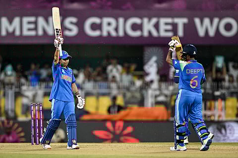 Amanjot Kaur (R) and Deepti Sharma added 103 runs for the 7th wicket 