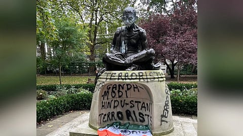 The Gandhi statue in London's Tavistock Square was defaced with graffiti.