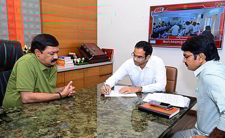 Bheemili MLA Ganta Srinivasa Rao and RDO Sangeeth Madhur meet with farmers who have given land for the Google Data Centre.