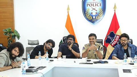 Hyderabad Police Commissioner CV Anand briefs members of the Telugu film fraternity on how the pirates were traced and arrested at ICCC in the city on Monday.