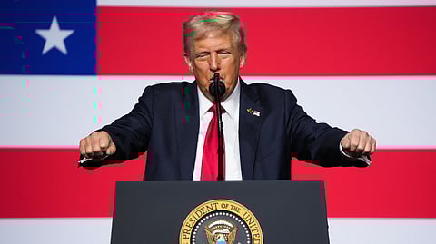 US President Donald Trump speaks to a gathering of top US military commanders at Marine Corps Base Quantico, Tuesday, Sept. 30, 2025. 