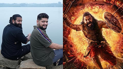 L - Ajaneesh Loknath and Rishab Shetty; R - a poster of Kantara Chapter 1