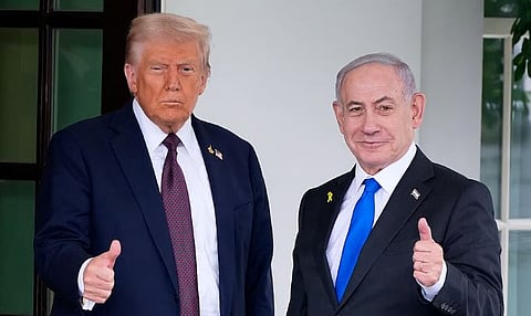 President Donald Trump greets Israeli Prime Minister Benjamin Netanyahu at the West Wing of the White House, Monday, Sept. 29, 2025, in Washington.