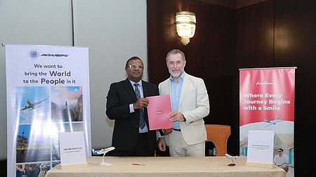 brahim Iyas, Managing Director of Maldivian, signing the pact with Marcelo Kaiser, COO (Aviation) at AVIAREPS on Tuesday