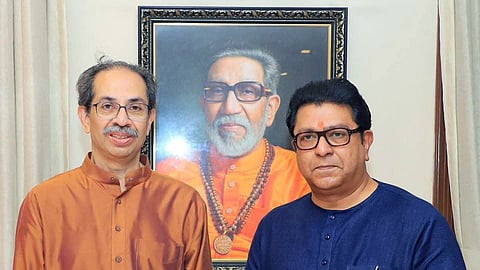 Maharashtra Navnirman Sena (MNS) Chief Raj Thackeray, with his cousin and Shiv Sena (UBT) chief Uddhav Thackeray on the latter’s 65th birthday, at Matoshree in Mumbai on July 27, 2025.