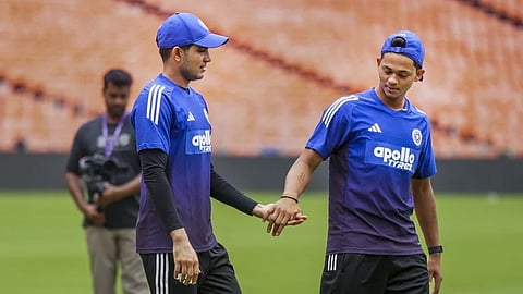 India's Yashasvi Jaiswal and Shubman Gill during a practice session ahead of the India vs West Indies Test match in Ahmedabad