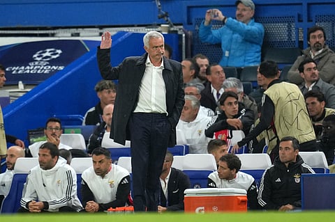 Benfica's head coach Jose Mourinho reacts during a Champions League opening phase soccer match between Chelsea and SL Benfica at Stamford Bridge stadium in London, Tuesday, Sept. 30, 2025.