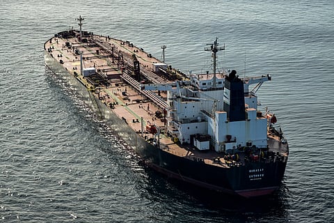 This aerial picture taken on October 1, 2025 off the coast of the western France port of Saint-Nazaire shows the tanker Boracay from Russia's so-called "shadow fleet" suspected of being involved in drone flights over Denmark which sailed off the Danish coast between September 22 and 25.