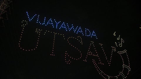 Drone show during Vijayawada Utsav as part of dussehra festivities at Punnami Ghat in Vijayawada on Wednesday. 