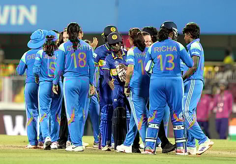 Players exchange handshake after India's win in the ICC Women's Cricket World Cup 2025 match between India and Sri Lanka, at ACA Stadium, Barsapara, in Guwahati, Tuesday, Sept. 30, 2025. 