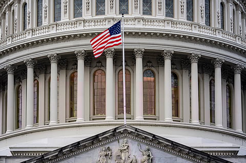 Speaker of the House Mike Johnson, R-La., faces reporters, joined from left by Majority Leader Steve Scalise, R-La., Majority Whip Tom Emmer, R-Minn., and Small Business Administration head Kelly Loeffler at a news conference on day 27 of the government shutdown, at the Capitol in Washington, Monday, Oct. 27, 2025.