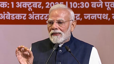 Prime Minister Narendra Modi addresses the gathering during the centenary celebrations of the Rashtriya Swayamsevak Sangh (RSS), in New Delhi, Oct. 1, 2025.