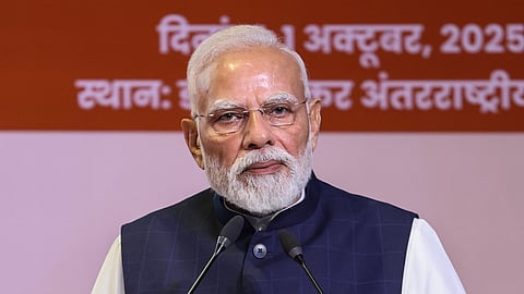 Prime Minister Narendra Modi addresses the gathering during the centenary celebrations of the Rashtriya Swayamsevak Sangh (RSS), in New Delhi.