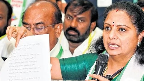 Telangana Jagruthi president K Kavitha addresses the media in Hyderabad on Wednesday.