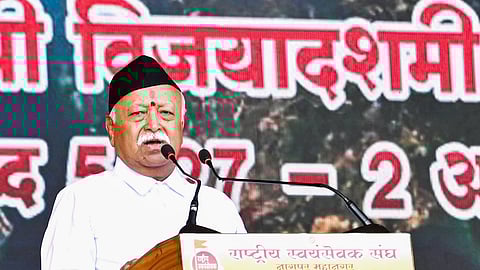 RSS Chief Mohan Bhagwat speaks during 'Rashtriya Swayamsevak Sangh Vijayadashami Utsav 2025', in Nagpur, Maharashtra