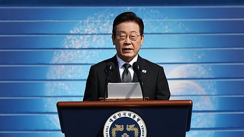 South Korean President Lee Jae Myung delivers his speech during a celebration to mark 77th Armed Forces Day in Gyeryong, South Korea Wednesday, Oct. 1, 2025