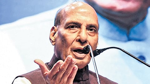 Union Defence Minister Rajnath Singh addresses at an event organised by the Jain International Trade Organisation (JITO), in Hyderabad, Telangana.