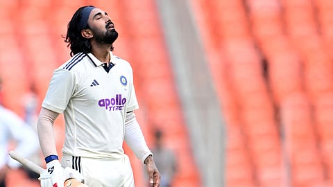 India's KL Rahul celebrates after scoring a century during the second day of the first Test cricket match between India and West Indies at the Narendra Modi Stadium in Ahmedabad on October 3, 2025.