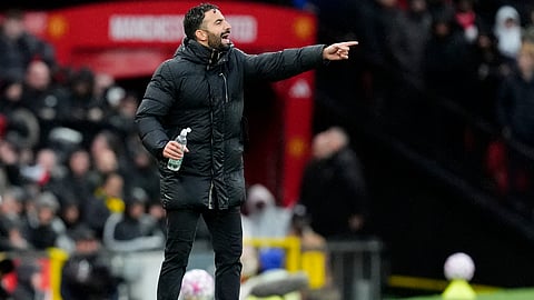 Manchester United manager Ruben Amorim manager directs his team during the English Premier League soccer match between Manchester United and Chelsea at the Old Trafford stadium in Manchester, England, Saturday, Sept. 20, 2025.