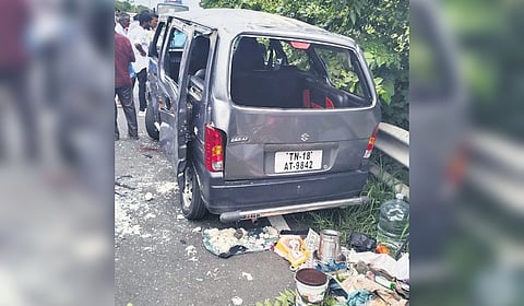The car that overturned at Pulikoradu following a tyre burst.