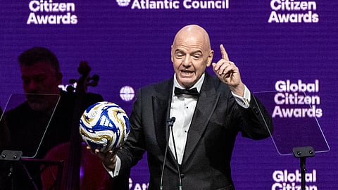 President of the Federation Internationale de Football Association (FIFA) Gianni Infantino speaks at the Global Citizen Awards ceremony, Wednesday, Sept. 24, 2025, in New York. 