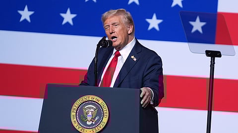 US President Donald Trump speaks to a gathering of top military commanders at Marine Corps Base Quantico, Tuesday, Sept. 30, 2025, in Quantico, Va.