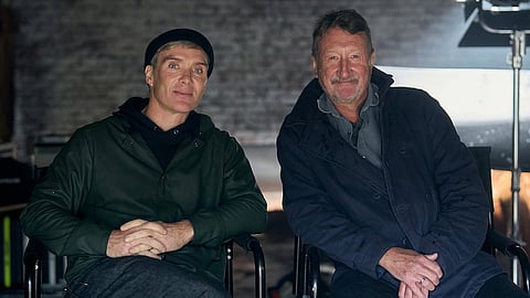 Cillian Murphy (L) and Steven Knight (R) on the sets of the Peaky Blinders film