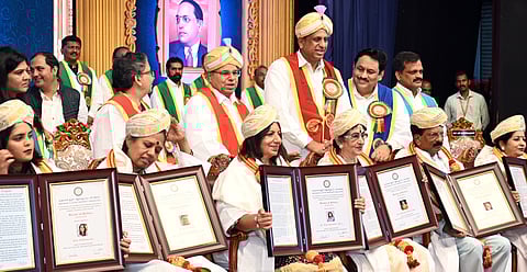Governor Thaawar Chand Gehlot along with Minister for Higher Education Dr M C Sudhakar presented doctorates to six achievers here in Gynana Jyothi auditorium on Friday.