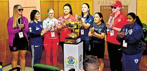 The captains of the eight participating countries with the trophy at the Ernakulam Press Club ahead of the curtain-raiser of the Women’s Blind Football World Cup organised by the Indian Blind Football Federation. 