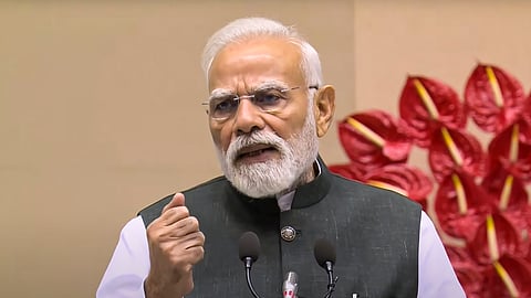 In this screenshot from a video released on Oct. 4, 2025, Prime Minister Narendra Modi speaks during the unveiling ceremony of various youth-focused initiatives, in New Delhi. 