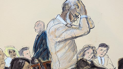In this courtroom sketch, Sean 'Diddy' Combs reacts as he makes a statement during his sentencing hearing in the Manhattan federal court.