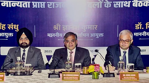 Chief Election Commissioner Gyanesh Kumar with Election Commissioners Sukhbir Singh Sandhu and Vivek Joshi during a meeting with all 12 recognised political parties of Bihar. 