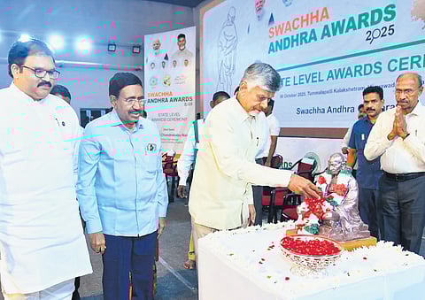 Chief Minister N Chandrababu Naidu during the Swachhandhra Awards presentation programme at Tummalapalli Kalakshetram in Vijayawada on Monday 