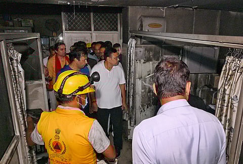Rajasthan CM Bhajanlal Sharma visits the trauma centre of the state-run Sawai Man Singh (SMS) Hospital, where a fire broke out late Sunday night, in Jaipur, Monday, Oct. 6, 2025. Six patients died in the incident. 